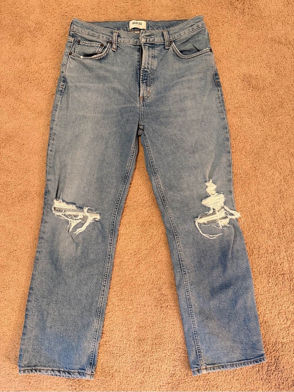 AGOLDE Riley High Rise Straight Crop Distressed Jeans Light Wash Size 28